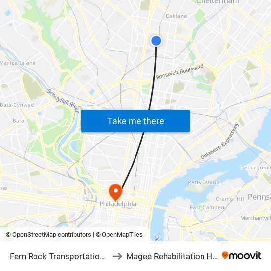 Fern Rock Transportation Center to Magee Rehabilitation Hospital map