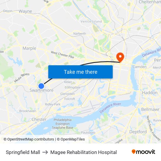 Springfield Mall to Magee Rehabilitation Hospital map