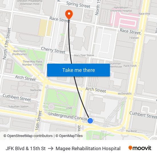 JFK Blvd & 15th St to Magee Rehabilitation Hospital map