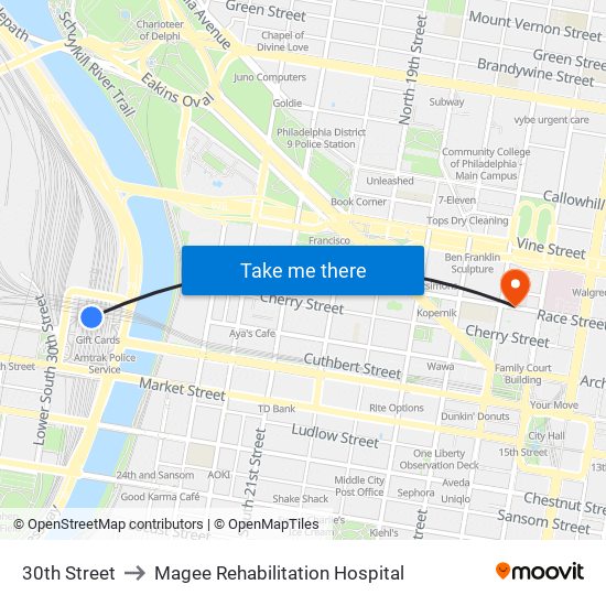 30th Street to Magee Rehabilitation Hospital map