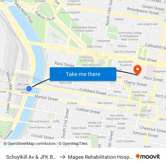 Schuylkill Av & JFK Blvd to Magee Rehabilitation Hospital map