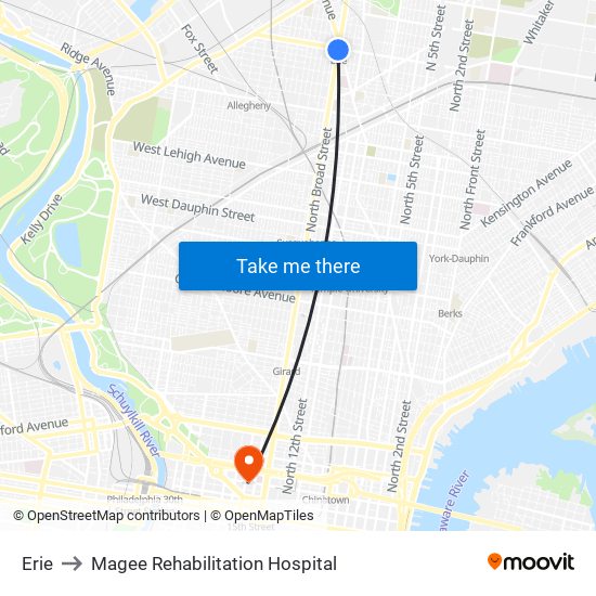 Erie to Magee Rehabilitation Hospital map