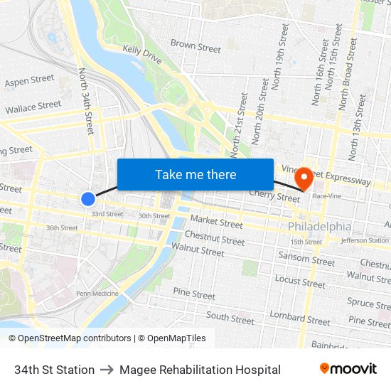 34th St Station to Magee Rehabilitation Hospital map