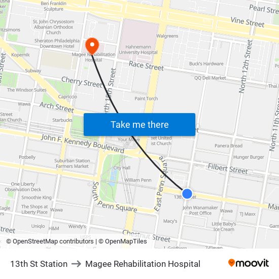 13th St Station to Magee Rehabilitation Hospital map