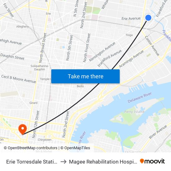 Erie Torresdale Station to Magee Rehabilitation Hospital map