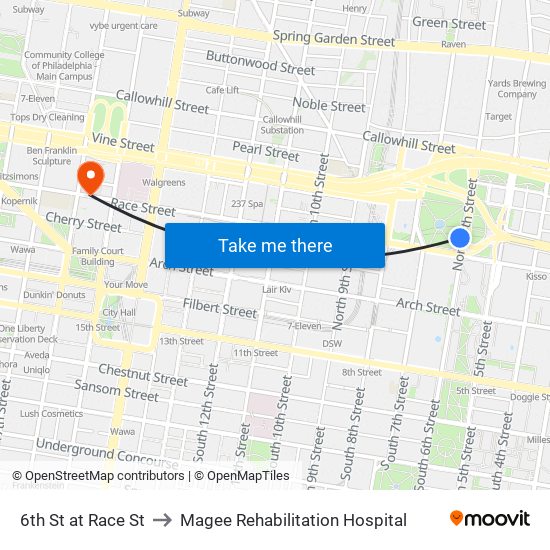 6th St at Race St to Magee Rehabilitation Hospital map