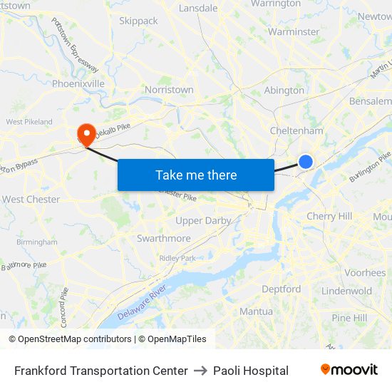 Frankford Transportation Center to Paoli Hospital map