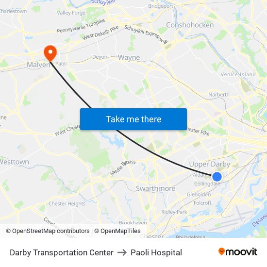 Darby Transportation Center to Paoli Hospital map