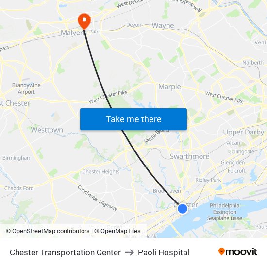 Chester Transportation Center to Paoli Hospital map