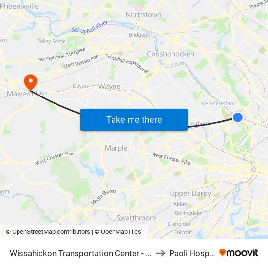 Wissahickon Transportation Center - Onsite to Paoli Hospital map