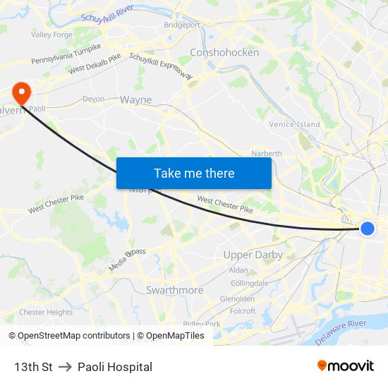 13th St to Paoli Hospital map