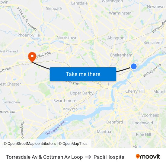 Torresdale Av & Cottman Av Loop to Paoli Hospital map