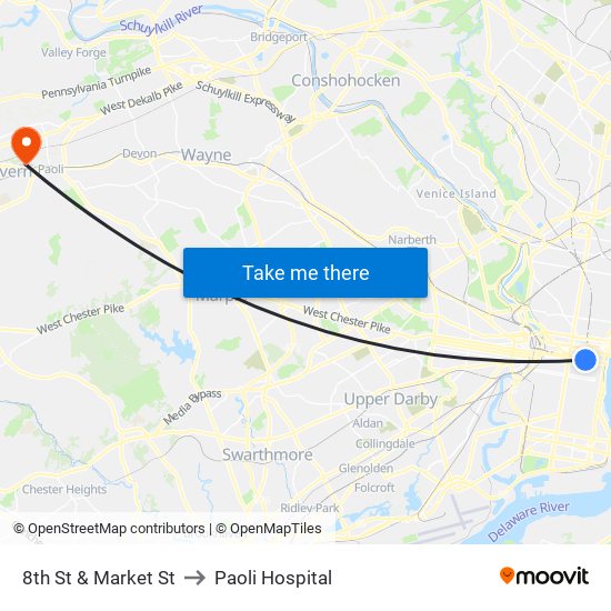 8th St & Market St to Paoli Hospital map