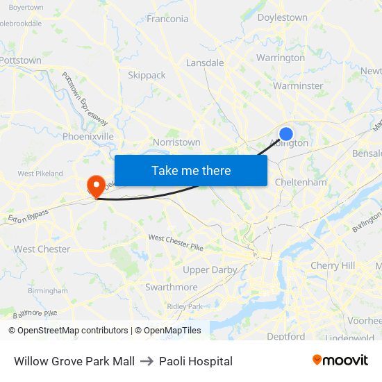 Willow Grove Park Mall to Paoli Hospital map