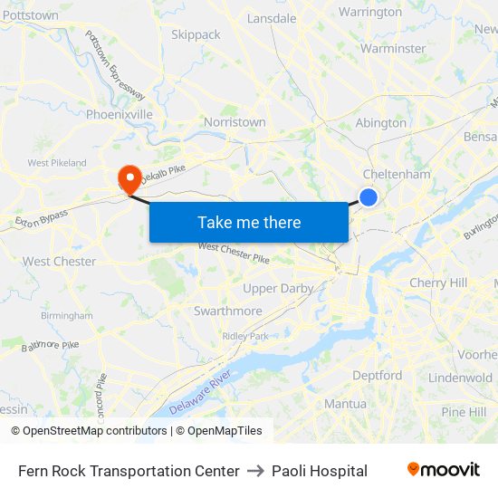 Fern Rock Transportation Center to Paoli Hospital map