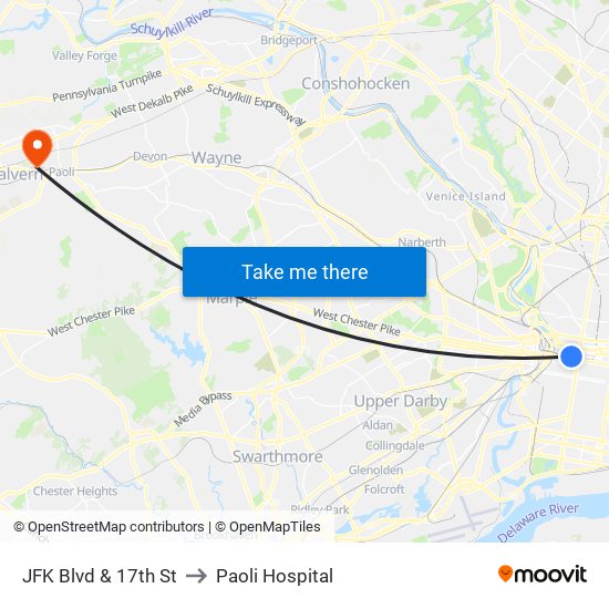 JFK Blvd & 17th St to Paoli Hospital map