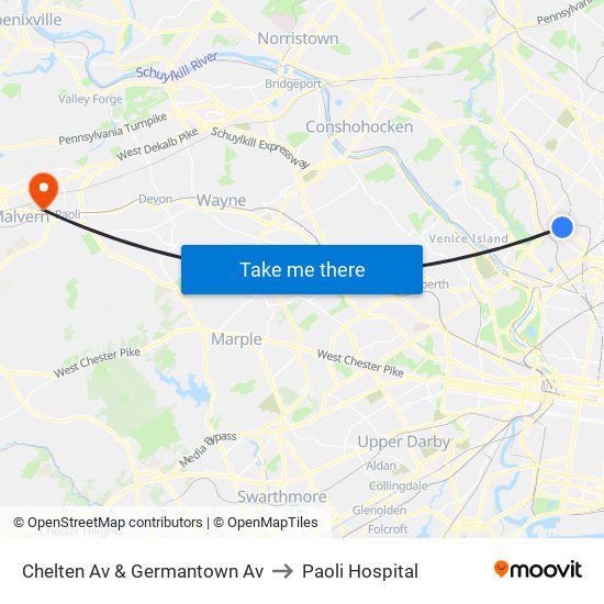 Chelten Av & Germantown Av to Paoli Hospital map