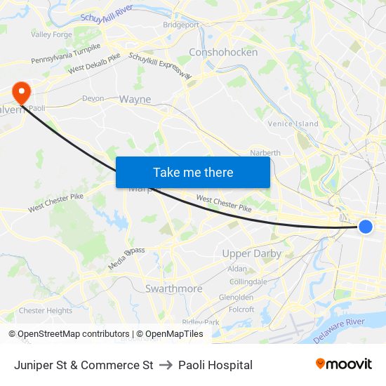 Juniper St & Commerce St to Paoli Hospital map