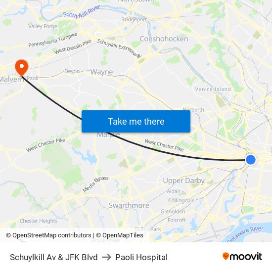 Schuylkill Av & JFK Blvd to Paoli Hospital map