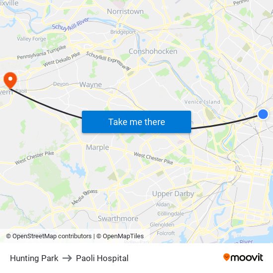 Hunting Park to Paoli Hospital map