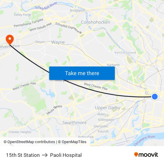 15th St Station to Paoli Hospital map