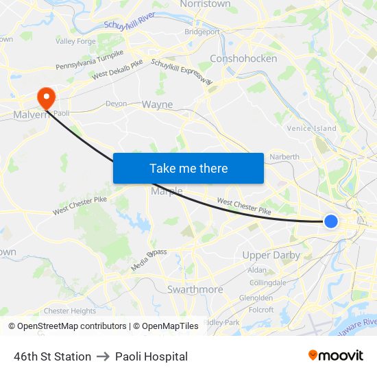 46th St Station to Paoli Hospital map