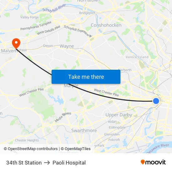34th St Station to Paoli Hospital map
