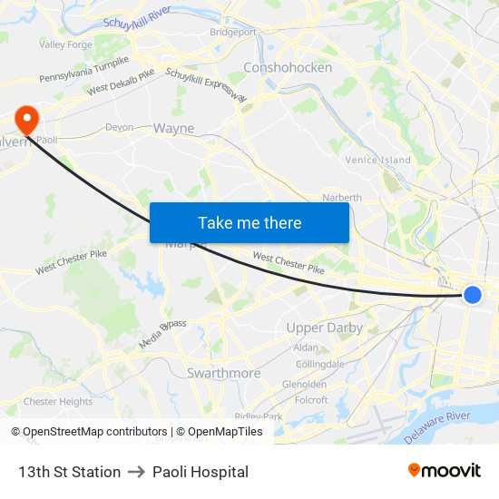 13th St Station to Paoli Hospital map