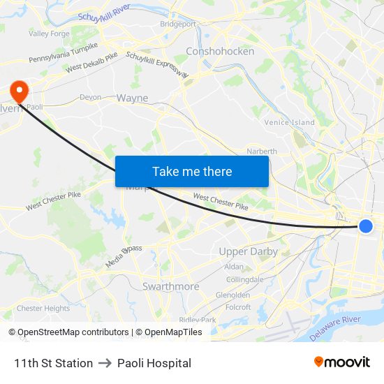 11th St Station to Paoli Hospital map