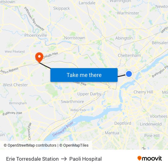 Erie Torresdale Station to Paoli Hospital map