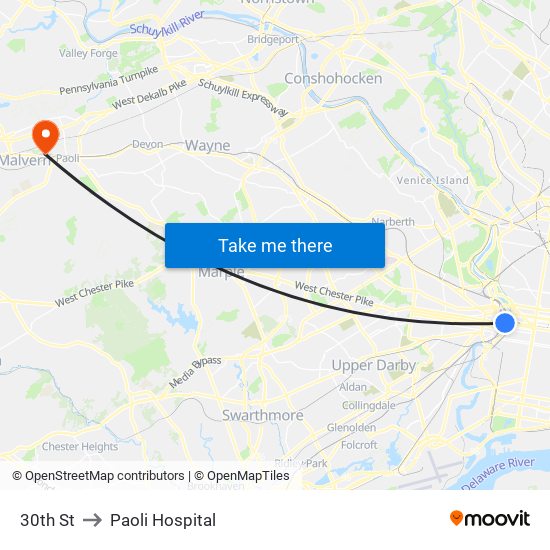30th St to Paoli Hospital map
