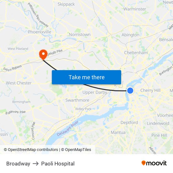 Broadway to Paoli Hospital map