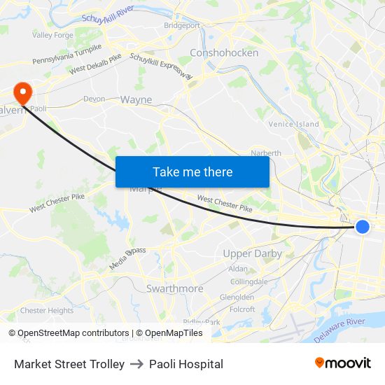 Market Street Trolley to Paoli Hospital map