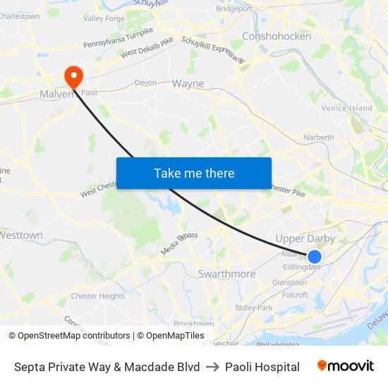 Septa Private Way & Macdade Blvd to Paoli Hospital map