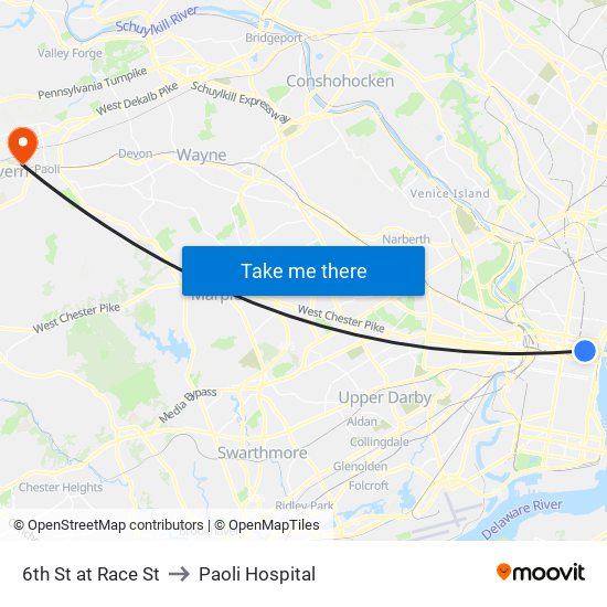 6th St at Race St to Paoli Hospital map