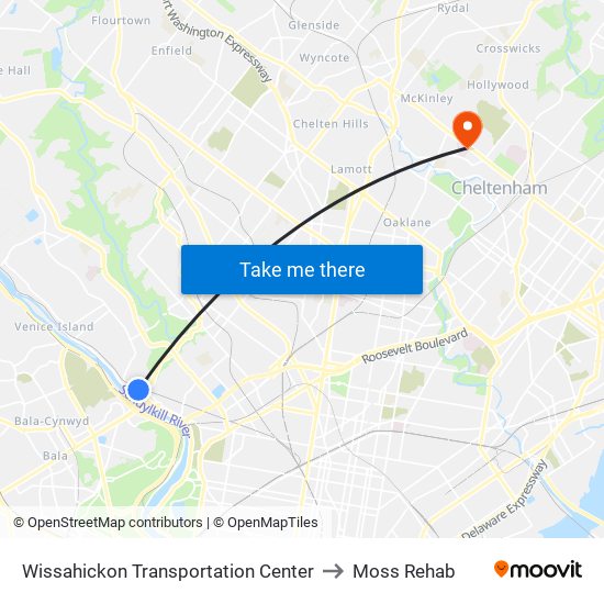 Wissahickon Transportation Center to Moss Rehab map