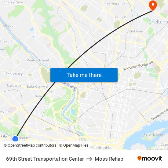 69th Street Transportation Center to Moss Rehab map