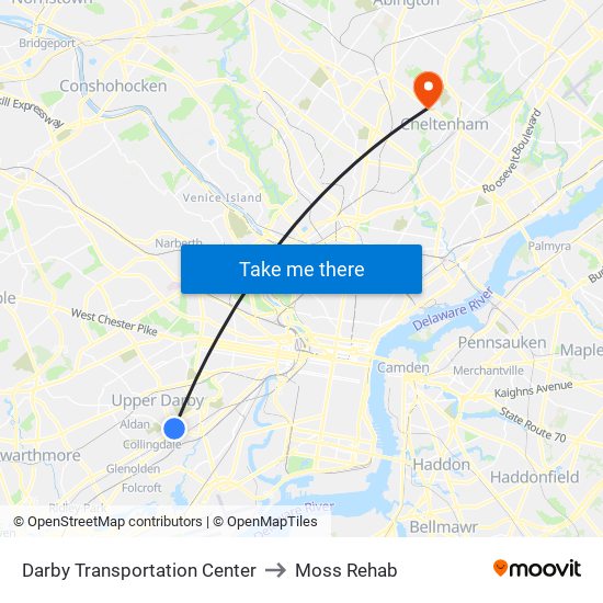 Darby Transportation Center to Moss Rehab map