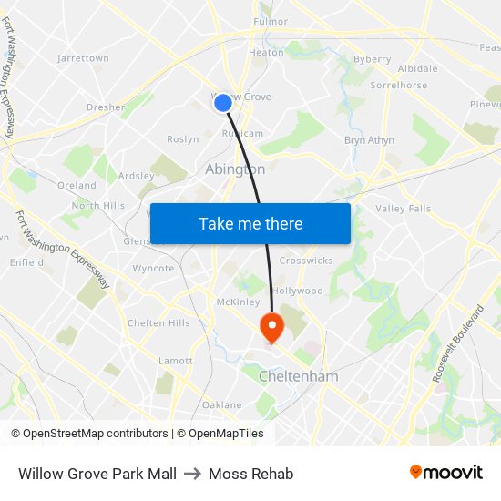 Willow Grove Park Mall to Moss Rehab map