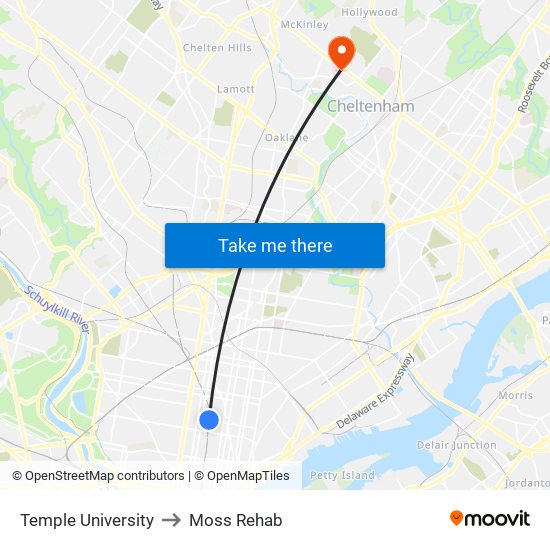 Temple University to Moss Rehab map