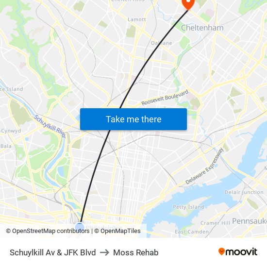 Schuylkill Av & JFK Blvd to Moss Rehab map