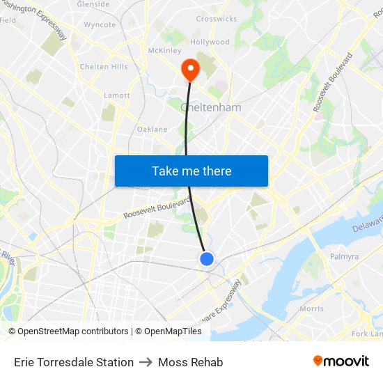 Erie Torresdale Station to Moss Rehab map