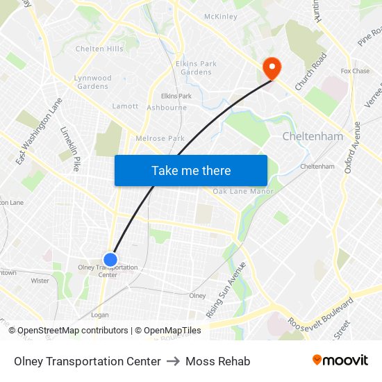 Olney Transportation Center to Moss Rehab map