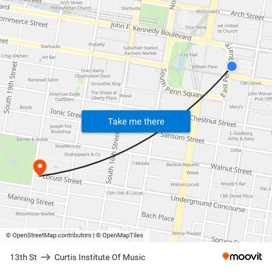 13th St to Curtis Institute Of Music map