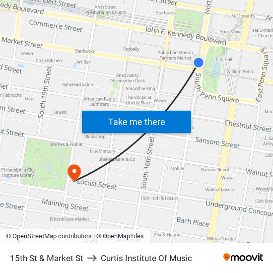 15th St & Market St to Curtis Institute Of Music map