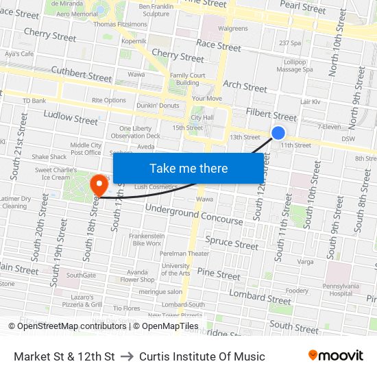 Market St & 12th St to Curtis Institute Of Music map