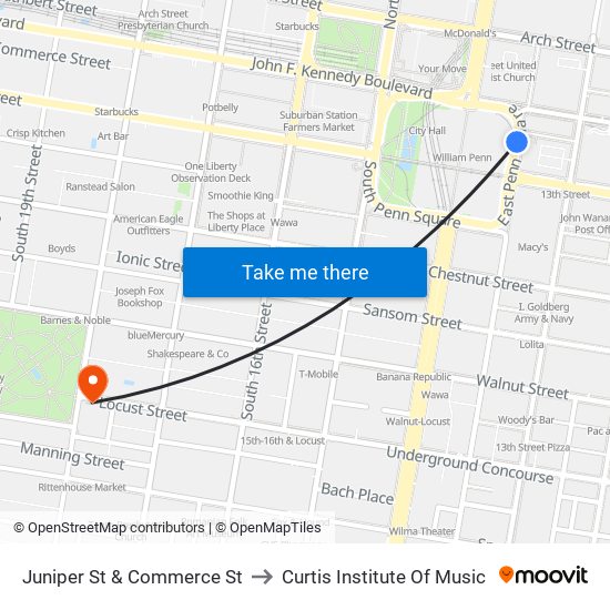 Juniper St & Commerce St to Curtis Institute Of Music map