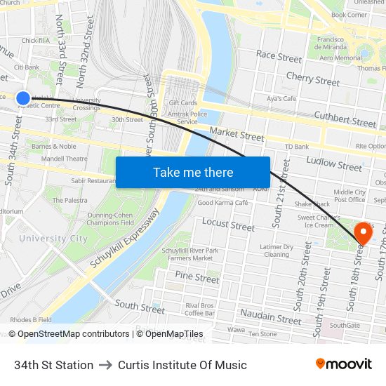 34th St Station to Curtis Institute Of Music map