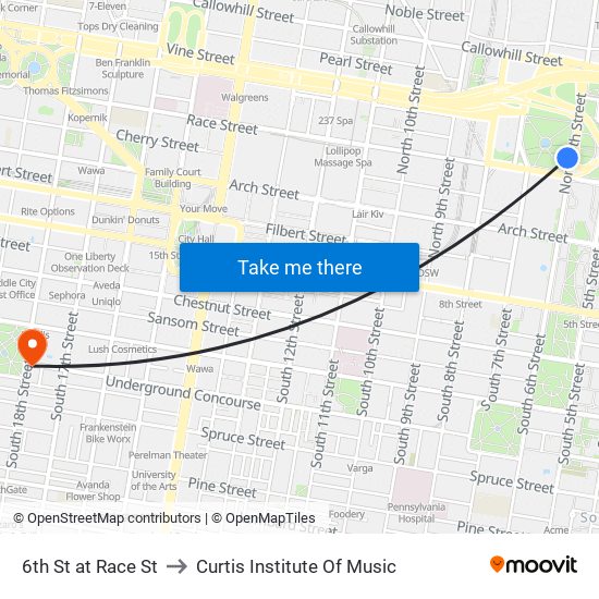 6th St at Race St to Curtis Institute Of Music map