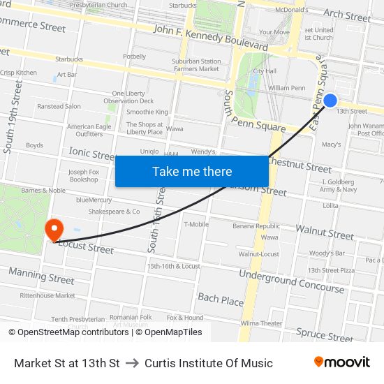 Market St at 13th St to Curtis Institute Of Music map